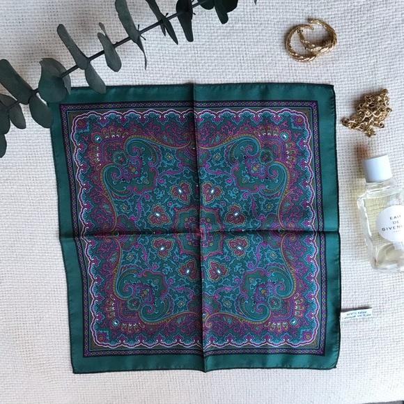 Silk square vintage paisley green & purple unisex scarf - Made in Italy - Picture 1 of 6